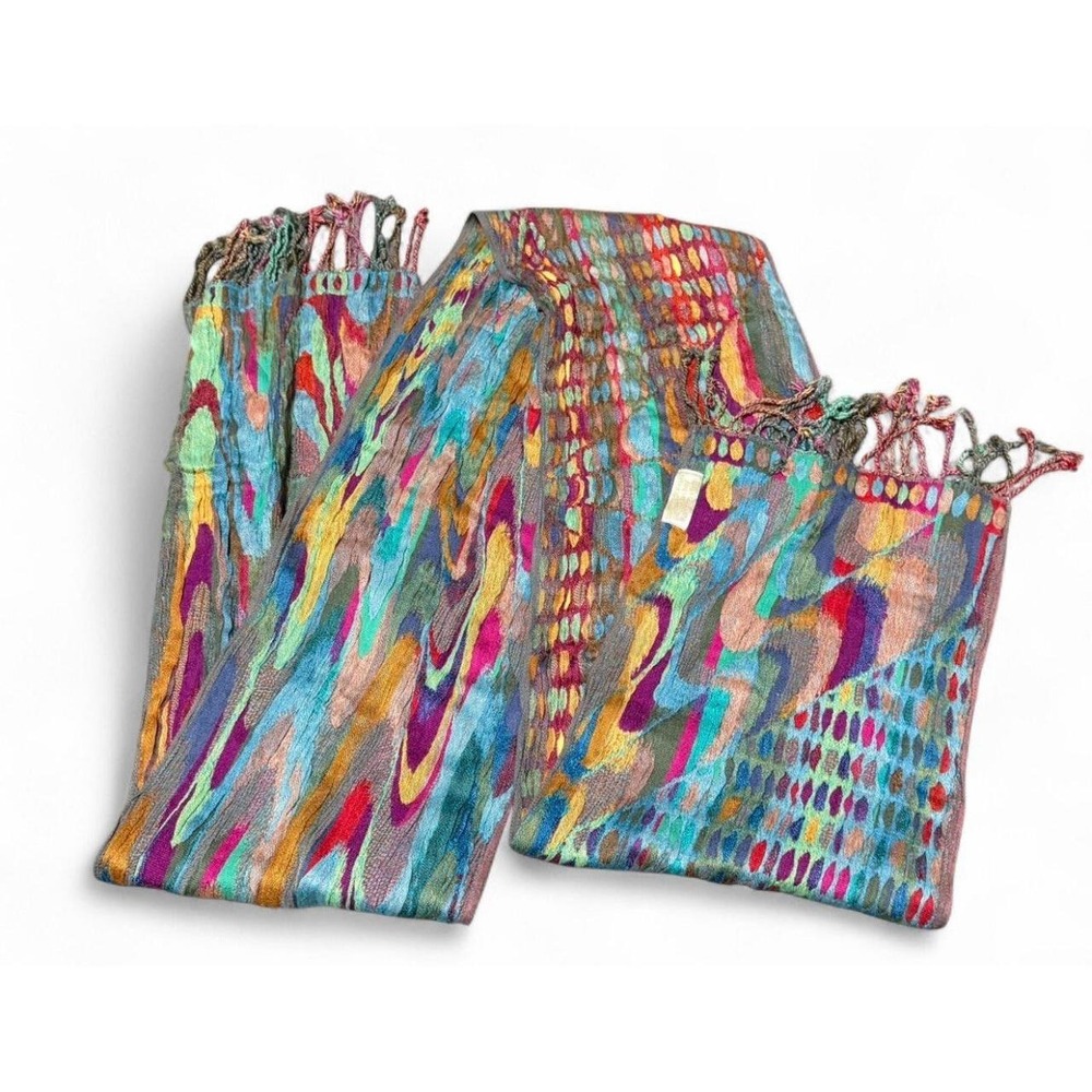 Boho Multicolor Pashmina Silk Scarf Shawl Wrap Fringe Abstract Woven Nepal 87x10